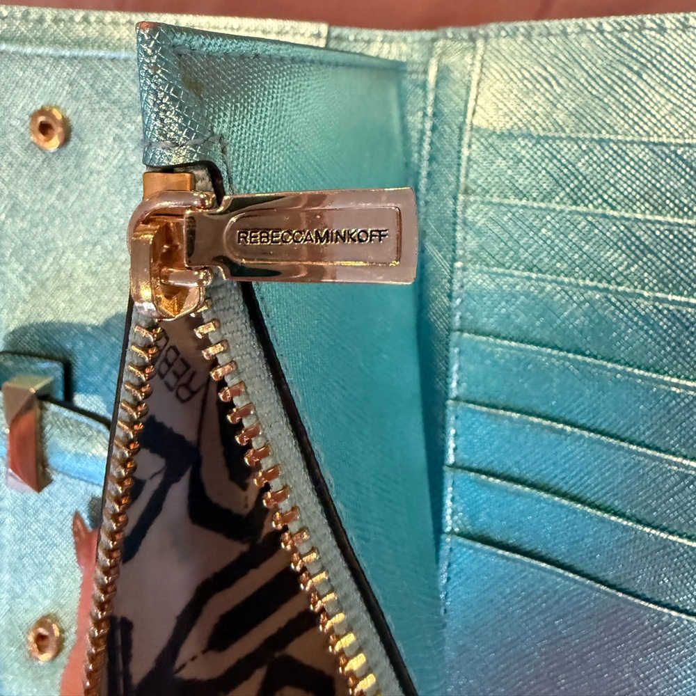 NWOT Rebecca Minkoff Metallic Teal Saffiano Leather slim wallet MSRP $195 - Picture 5 of 10